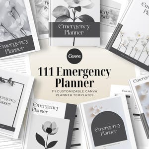 Peut inclure: Une collection de 111 modèles de planificateur Canva personnalisables avec un motif floral noir et blanc et le texte "Emergency Planner".
