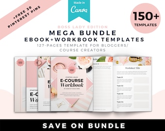 May include: A pink and white ebook and workbook template bundle for bloggers and course creators. The cover features a pink and white floral design with the text "Starting a Blog E-Course Workbook". The bundle includes 127 pages and 150+ templates.