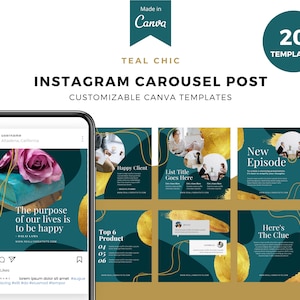 May include: Teal and gold Instagram carousel post templates with customizable Canva templates. The templates feature a variety of designs, including a rose with a book, a happy client, a list title, a new episode, a top 6 product list, and a clue. The text "The purpose of our lives is to be happy" is featured on one of the templates.