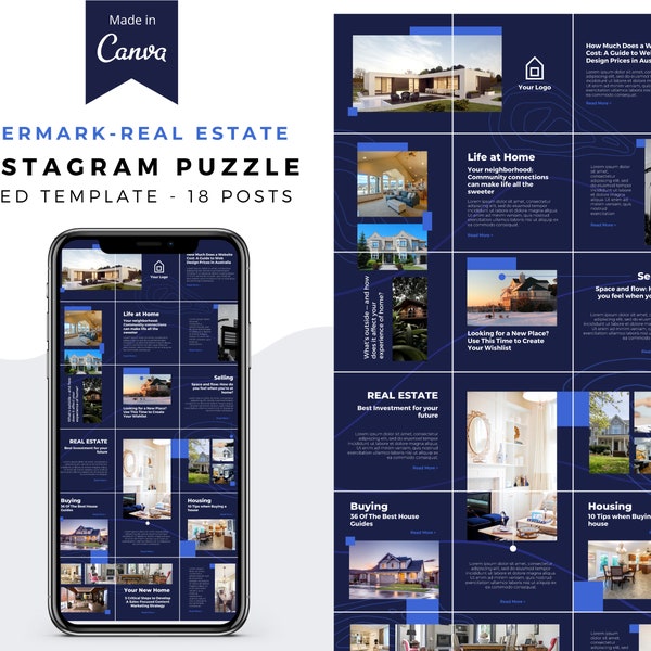 Canva Instagram Puzzle,  Feed Template, Instagram 18 Posts,  Instagram Templates | Real Estate Instagram Template, Evermark, Real Estate