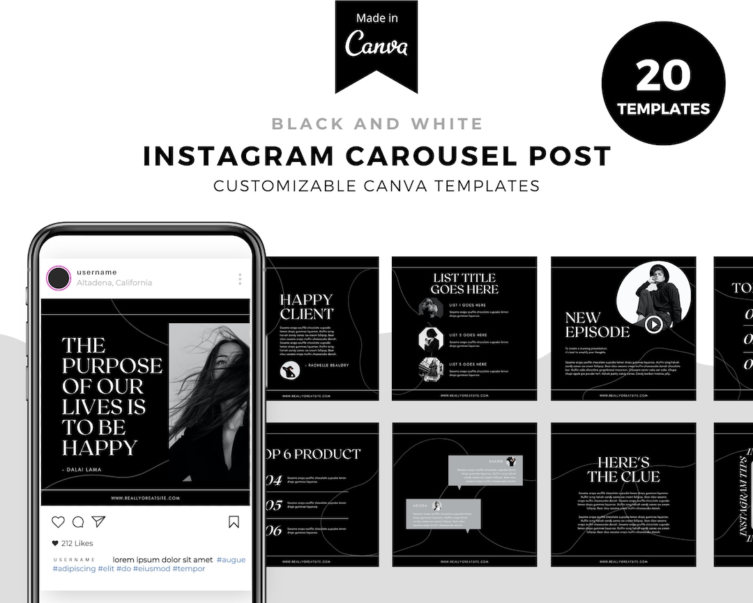 Black and White Instagram Carousel Template, Canva Editable (20 Posts ...