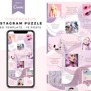 May include: A pink and purple Instagram puzzle feed template with 18 posts. The design includes inspirational quotes, floral accents, and images of sunglasses, shoes, and a smartphone. The text includes "PINKPRENEUR" and "Made in Canva."