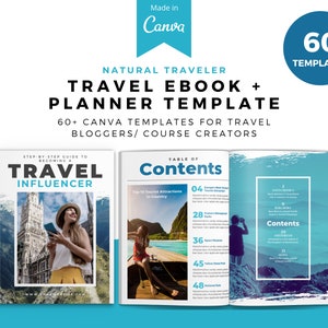 Puede incluir: Una plantilla de ebook y planificador de viajes azul y blanco con el texto "Travel Influencer" y "Tabla de contenidos" en la portada. El ebook est&aacute; dise&ntilde;ado para bloggers de viajes y creadores de cursos e incluye m&aacute;s de 60 plantillas de Canva.