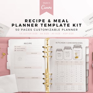 Modèle Canva de planificateur de recettes et de repas, modèle Canva de planificateur de recettes, planificateur de repas Canva, journal de recettes