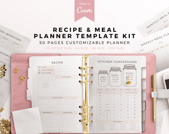 Recipe and Meal Planner Canva Template, 50 Page Customizable Kit