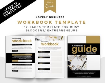Puede incluir: Una plantilla de cuaderno negro y dorado con el título "A Financial Guide Workbook". La portada presenta una disposición plana de artículos de oficina, que incluyen un teclado, un ratón y unas gafas. El texto "Money Management Made Simple. Learn how to make smarter financial decisions." está impreso debajo del título.