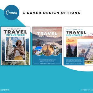 Puede incluir: Tres dise&ntilde;os de portada diferentes para un libro electr&oacute;nico titulado "Gu&iacute;a paso a paso para convertirte en un influencer de viajes". Cada portada presenta una escena de viaje diferente con una persona en el fondo. El texto est&aacute; en blanco y azul sobre un fondo blanco.