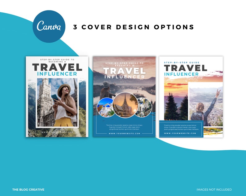 Puede incluir: Tres dise&ntilde;os de portada diferentes para un libro electr&oacute;nico titulado "Gu&iacute;a paso a paso para convertirte en un influencer de viajes". Cada portada presenta una escena de viaje diferente con una persona en el fondo. El texto est&aacute; en blanco y azul sobre un fondo blanco.