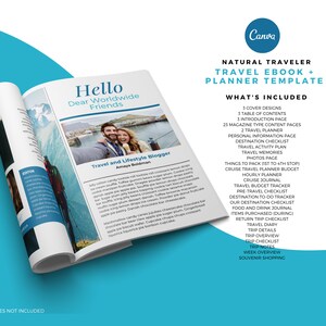 Puede incluir: Una maqueta de revista con el t&iacute;tulo "Natural Traveler Travel Ebook + Planner Template" y una lista del contenido incluido. La revista presenta una foto de una pareja en la cima de una monta&ntilde;a.