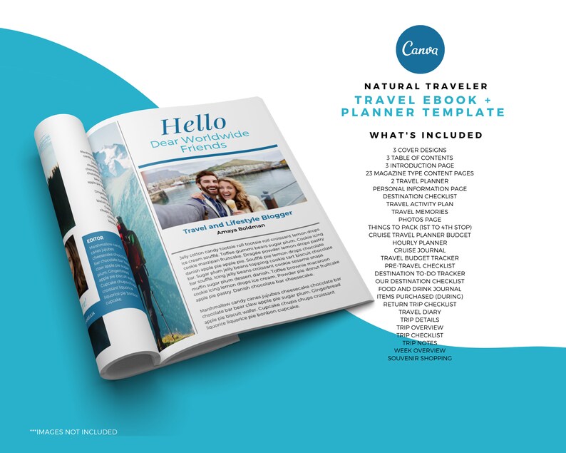 Puede incluir: Una maqueta de revista con el t&iacute;tulo "Natural Traveler Travel Ebook + Planner Template" y una lista del contenido incluido. La revista presenta una foto de una pareja en la cima de una monta&ntilde;a.