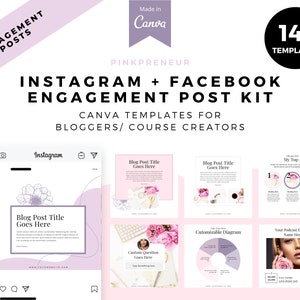 May include: A digital marketing kit for Instagram and Facebook, with templates for bloggers and course creators. The design is mainly pink and white, with floral accents and the text "Engagement Posts". Includes 140 templates.