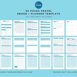 Puede incluir: Una plantilla digital para un planificador de viajes y un libro electr&oacute;nico de 60 p&aacute;ginas. La plantilla es totalmente editable en Canva y presenta un esquema de color azul y blanco. El texto "60 PAGES TRAVEL EBOOK + PLANNER TEMPLATE ALL EDITABLE IN CANVA" se muestra en la parte superior de la imagen. El texto "WWW.THEBLOGCREATIVE.COM" se muestra en la parte inferior izquierda de la imagen. El texto "IMAGES NOT INCLUDED" se muestra en la parte inferior derecha de la imagen.