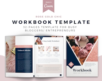 May include: A workbook template with a rose gold and navy blue design. The cover features a floral pattern with a rose gold glitter background. The text on the cover reads "Workbook" and "EBOOK SUB TITLE GOES HERE".