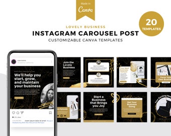 Black and Gold Instagram Carousel Templates, 20 Post Bundle, Social Media Content Kit, Editable Branding Posts