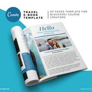 Puede incluir: Una plantilla de libro electr&oacute;nico de 60 p&aacute;ginas para bloggers y creadores de cursos. La portada presenta una foto de una pareja sonriendo y el texto "Hello Dear Worldwide Friends" y "Travel and Lifestyle Blogger".