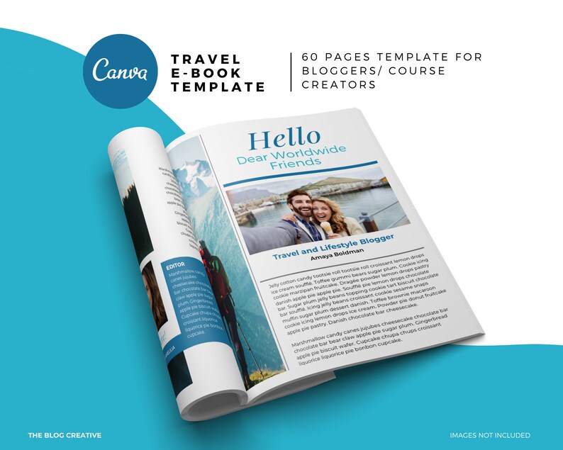 Puede incluir: Una plantilla de libro electr&oacute;nico de 60 p&aacute;ginas para bloggers y creadores de cursos. La portada presenta una foto de una pareja sonriendo y el texto "Hello Dear Worldwide Friends" y "Travel and Lifestyle Blogger".