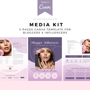 May include: A Canva-designed media kit template for bloggers and influencers. The design uses a soft purple and pink colour scheme, with images of a woman and floral accents. Text includes "Media Kit," "3-Pages Canva Template," and branding information.