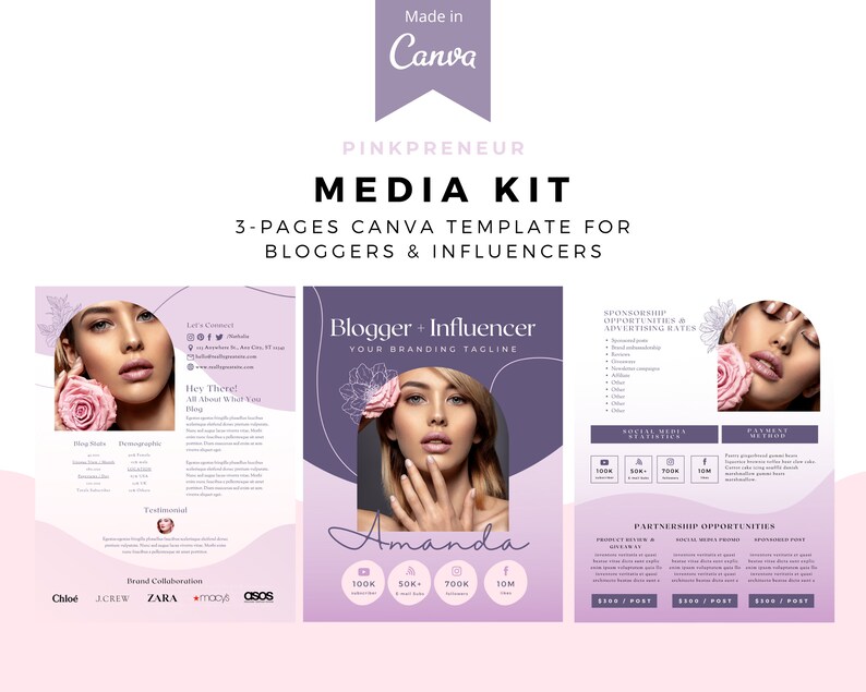 May include: A Canva-designed media kit template for bloggers and influencers. The design uses a soft purple and pink colour scheme, with images of a woman and floral accents. Text includes "Media Kit," "3-Pages Canva Template," and branding information.