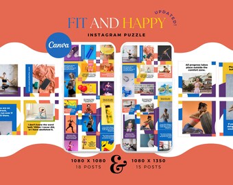 Fit and Happy Canva Instagram Puzzle Feed Fitness Canva Template for Instagram, Creative Puzzle Designs