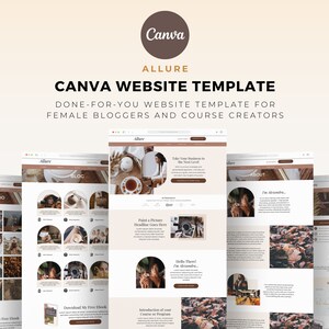 May include: A Canva website template designed for female bloggers and course creators. The template features a light brown color scheme with a modern and minimalist design. The website includes sections for a portfolio, blog, about, and a free ebook download.