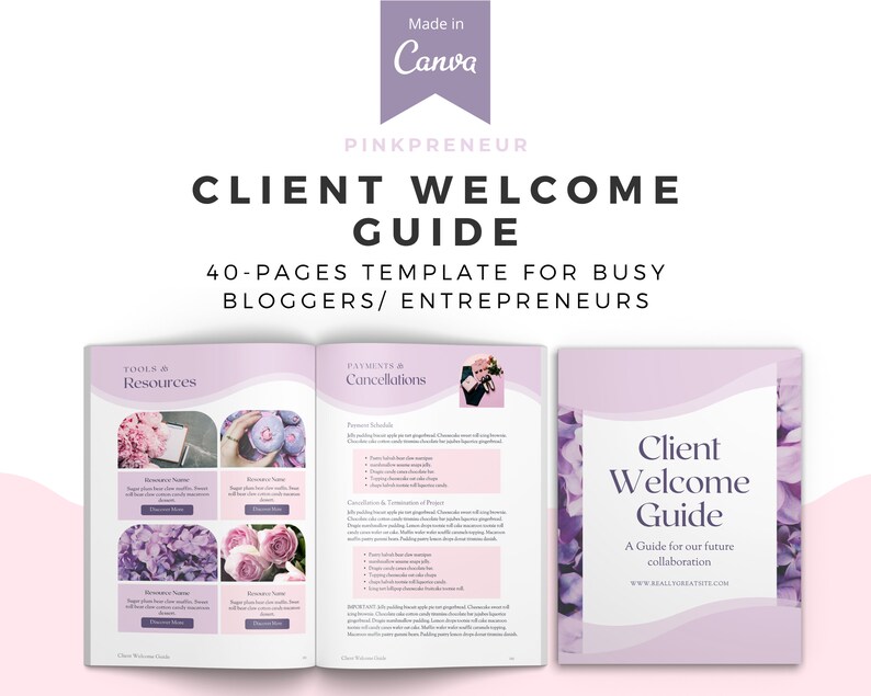 May include: A 40-page Client Welcome Guide template for bloggers and entrepreneurs, in a soft purple and white design. The cover displays the title "Client Welcome Guide". Inside, there are sections on resources and payments, with floral accents.