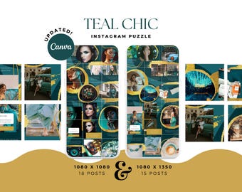Teal Chic Canva Instagram Puzzle Feed Template, Canva Templates Instagram Feed | Puzzle Feed Template | Aesthetic Instagram Post | Teal Gold