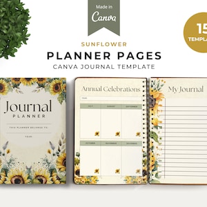 Op de afbeelding: Een zonnebloem-thema journal planner met 15 sjablonen. De omslag heeft een aquarelontwerp van zonnebloemen, bladeren en stengels. De planner bevat pagina's voor jaarlijkse vieringen, een dagboek en een sectie om het jaar op te schrijven. De tekst op de omslag luidt "Journal Planner".