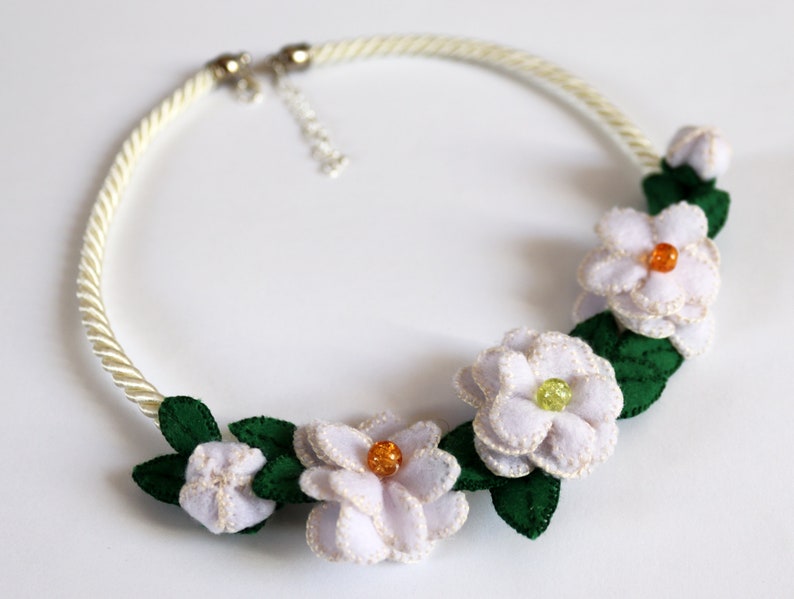 Wedding Necklace with Felt White Flowers