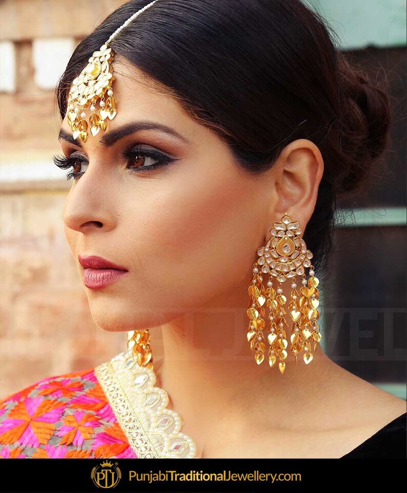 Gold Plated Pippal Patti Stud Earrings Tikka Set Punjabi Etsy