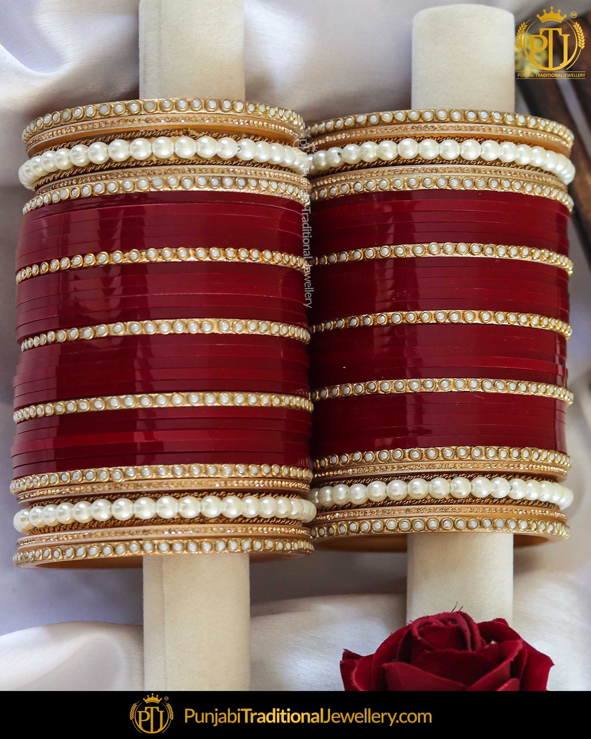 Maroon Pearl Bridal Chura Punjabi 