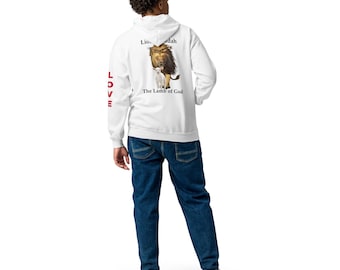 May include: White hoodie featuring a lion and lamb graphic, with the text "Lion of Judah" and "The Lamb of God." The word "LOVE" is printed vertically in red on the left sleeve. The person is wearing blue jeans.