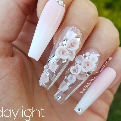 Rose Lover Pink And White Nails Coffin Nails Long Nails Etsy