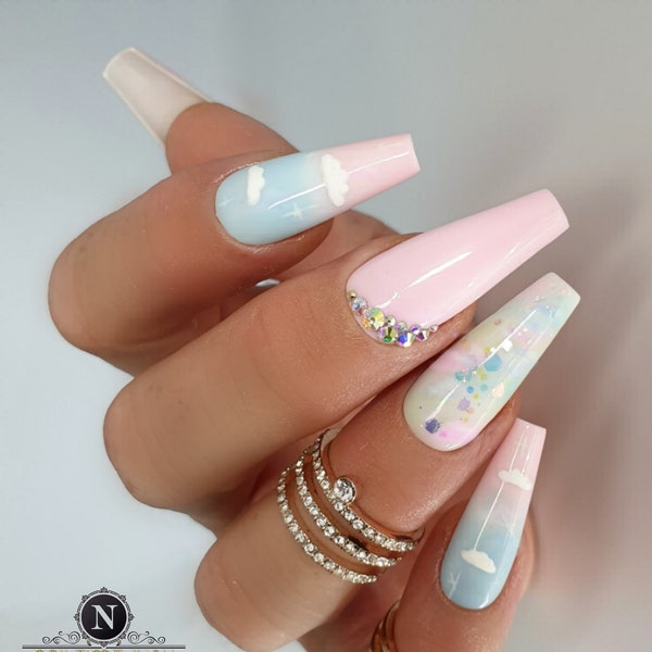 UNICORN HEAVEN Press on set, pastel nails, unicorn nails, press on nails ombre, cute fake nails