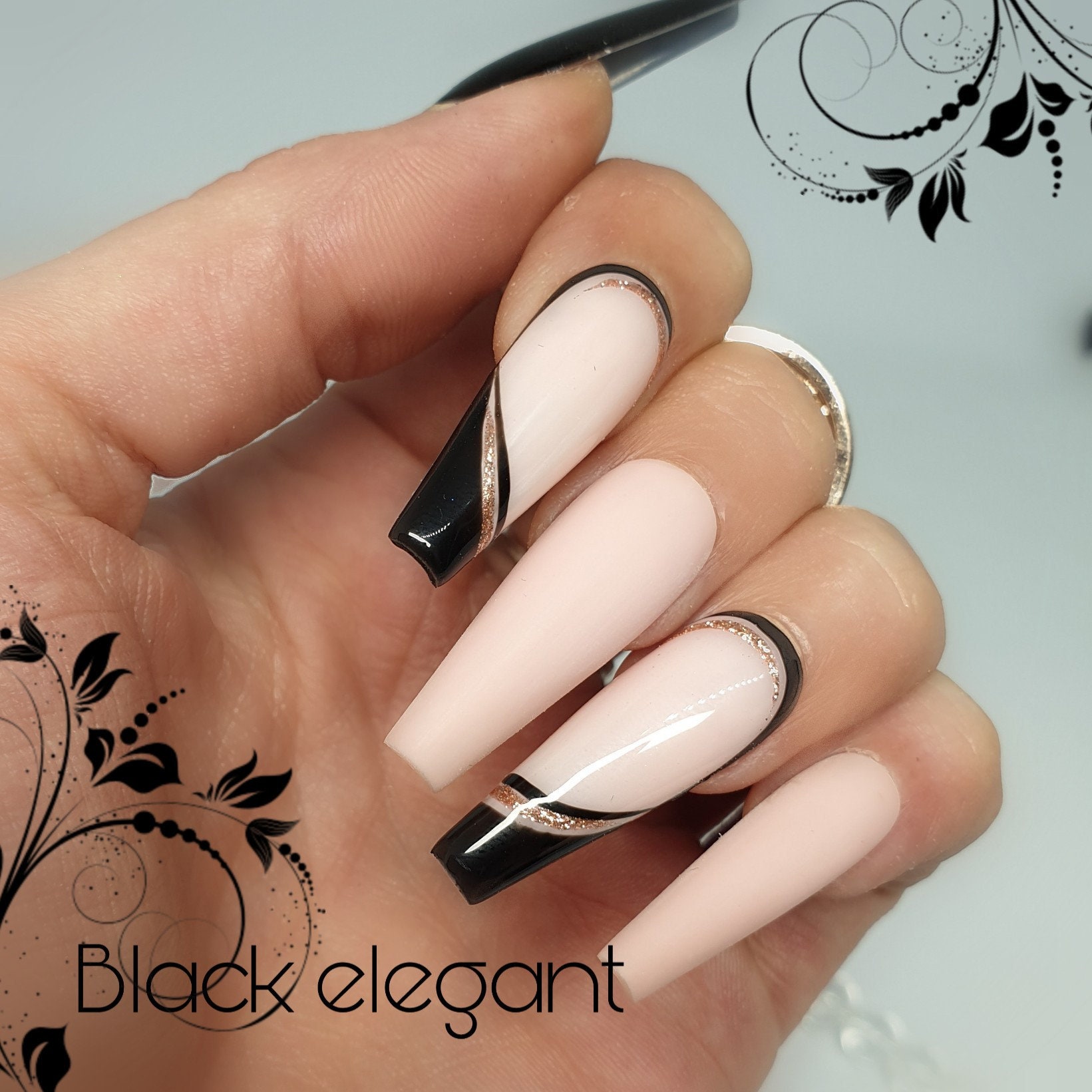 BLACK ELEGANT Press on Nails Nude Nails Black Glue on Nails - Etsy