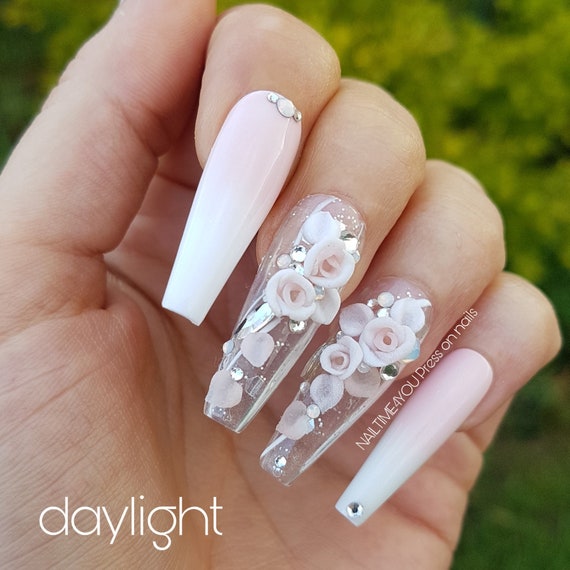 ROSE LOVER Pink and White Nails Coffin Nails Long Nails - Etsy Rose Lover Pink And White Nails Coffin Nails Long Nails - Etsy
