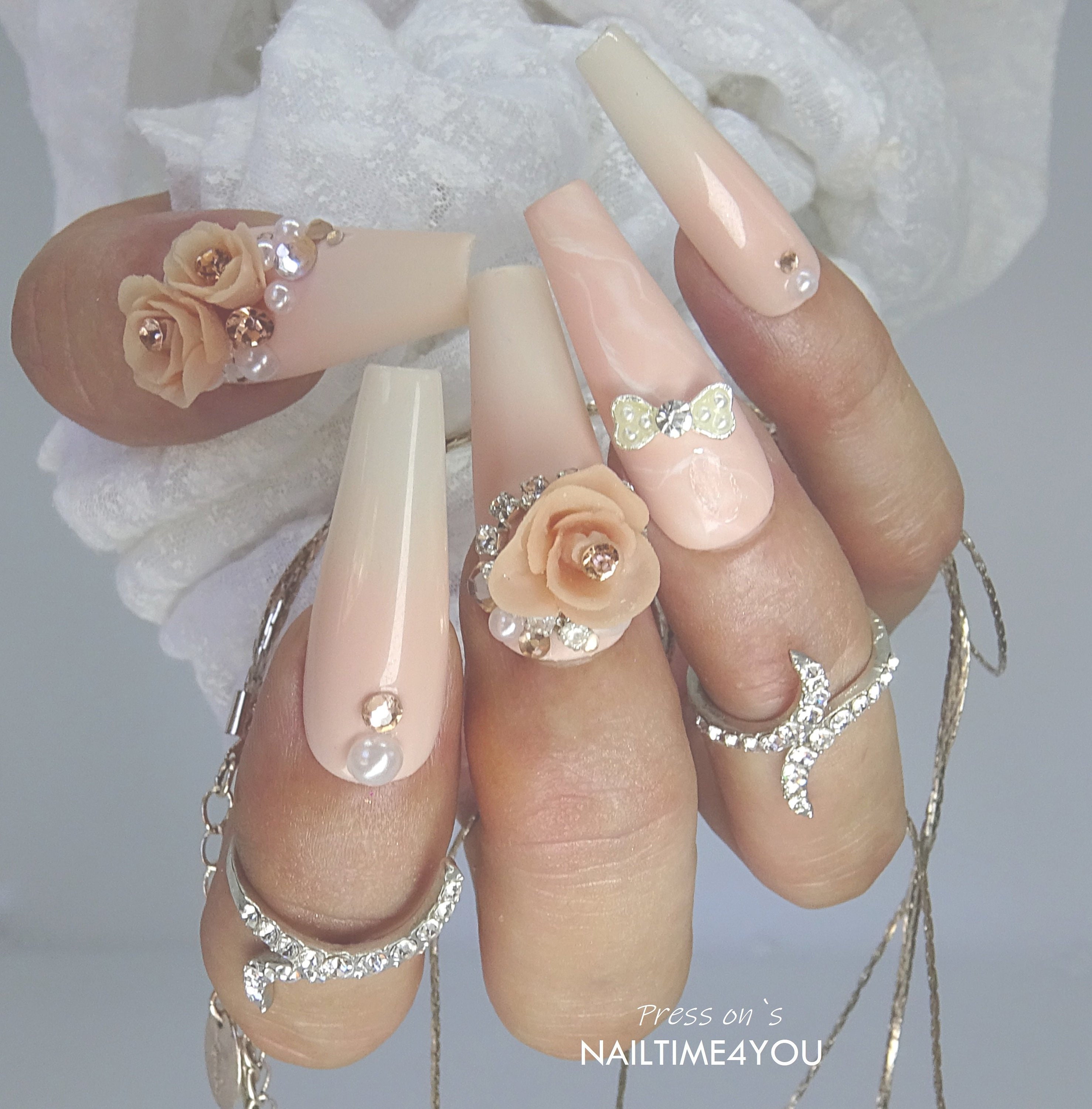 Nude ombre Prensa sobre uñas con rosas 3D hechas a mano uñas - Etsy España