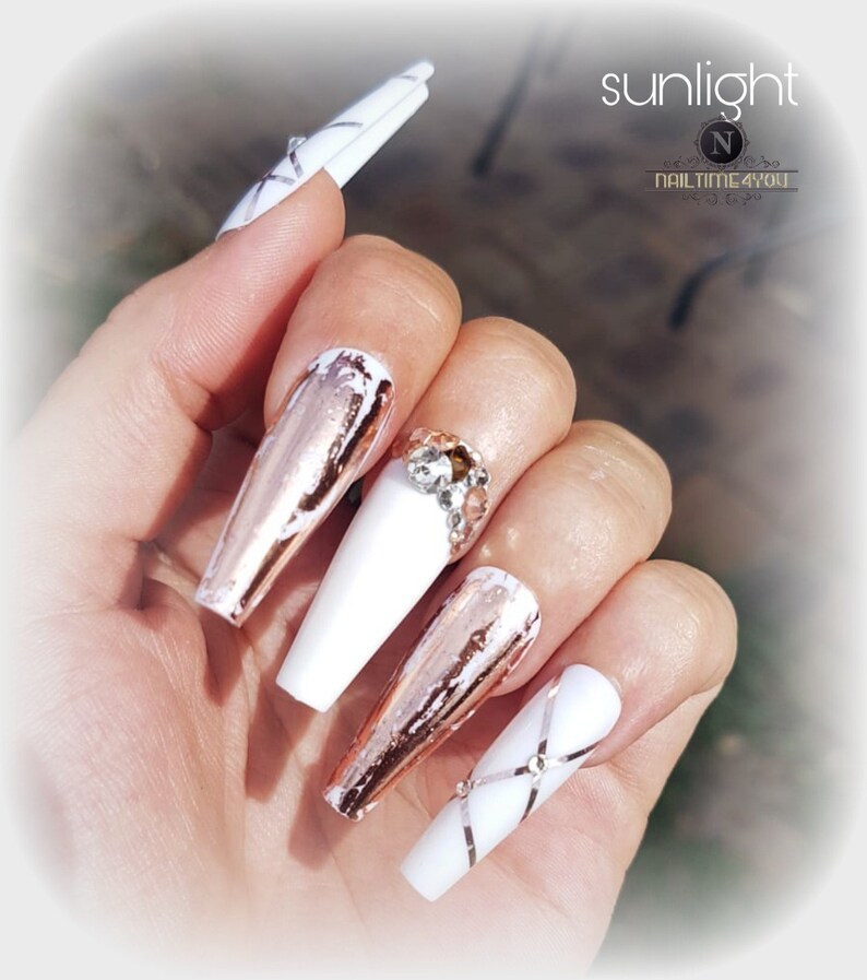 White Rosegold Press On Nails Acrylic Nails Coffin Nails Etsy