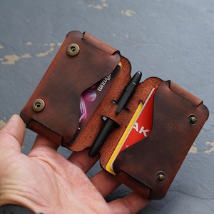 Slim Leather Card Holder, Minimalist Front Pocket Wallet, Handmade Pen Slot Case