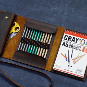 Leather Sketchbook Travel Case: Artist Pencil Holder