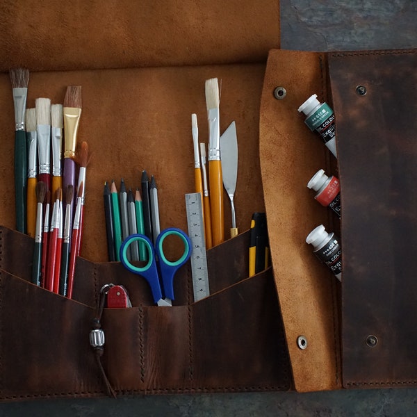 Étui à crayons en cuir - cadeaux pour peintre, rouleau à outils, rouleau d'artiste, rouleau d'outils personnalisé, étui à pinceaux, rouleau d'artiste