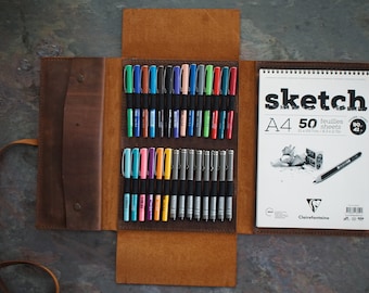 Copertina per album da disegno in pelle fatta a mano A4: organizer per penne artistiche
