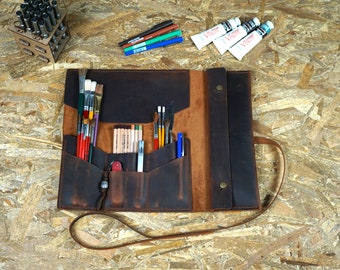 Étui à crayons en cuir - cadeaux pour peintre, rouleau à outils, rouleau d'artiste, rouleau d'outils personnalisé, étui à pinceaux, rouleau d'artiste