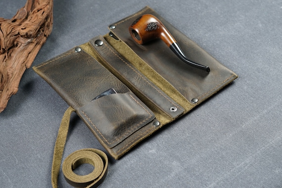 Leather Pipe Bag Tobacco Pouch with Pipe Holder Stand Travel Smoking Kit Handmade Organizer Gift for Him