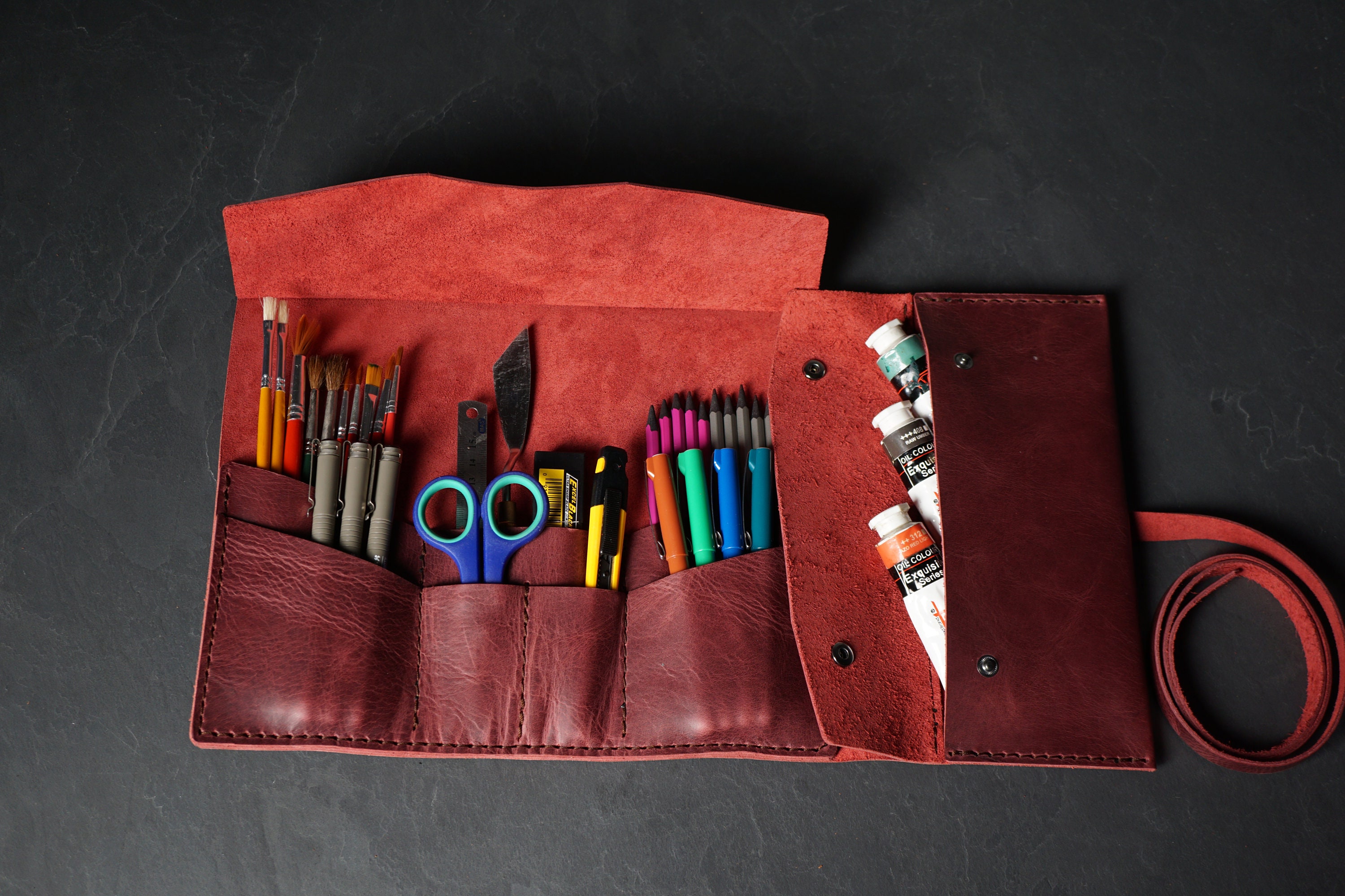 Leather Roll up Pencil Case With Compartments for Artist & Crafter Tools  Personalized Graduation Gift or Birthday Gift Idea 