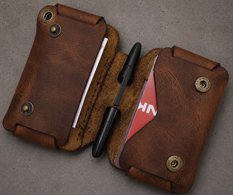 May include: A brown leather wallet with two main compartments secured by brass-colored metal snap buttons. The wallet holds white paper and a red card with visible white text. A black pen is positioned vertically in the center of the wallet.