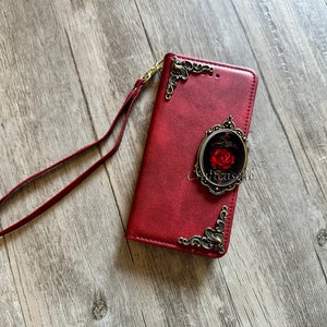 Gothic red rose phone leather wallet removable case for iPhone X XS XR 12 13 14 Pro Max Samsung S23 S22 S21 S20 Ultra Note 20 10 Plus MN2855