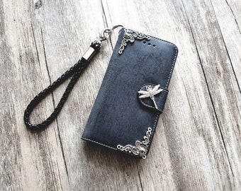 Oberon Design Leather iPhone Case, Hand-Crafted, Dragonfly Pond iPhone 15 Plus / Blue