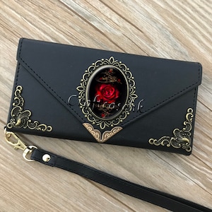 Gothic red rose phone leather wallet case for iPhone X XS XR 13 14 pro max Plus Samsung S22 S21 S20 Ultra S10 S9 S8 Note 8 9 10 Plus MN2367