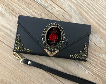 Gothic red rose phone leather wallet case for iPhone X XS XR 13 14 pro max Plus Samsung S22 S21 S20 Ultra S10 S9 S8 Note 8 9 10 Plus MN2367