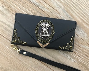 Gothic Twins Skull phone leather wallet case for iPhone X XS XR 13 14 pro max 8 7 Plus Samsung S20 Ultra S10 S9 S8 Note 8 9 10 Plus MN0096